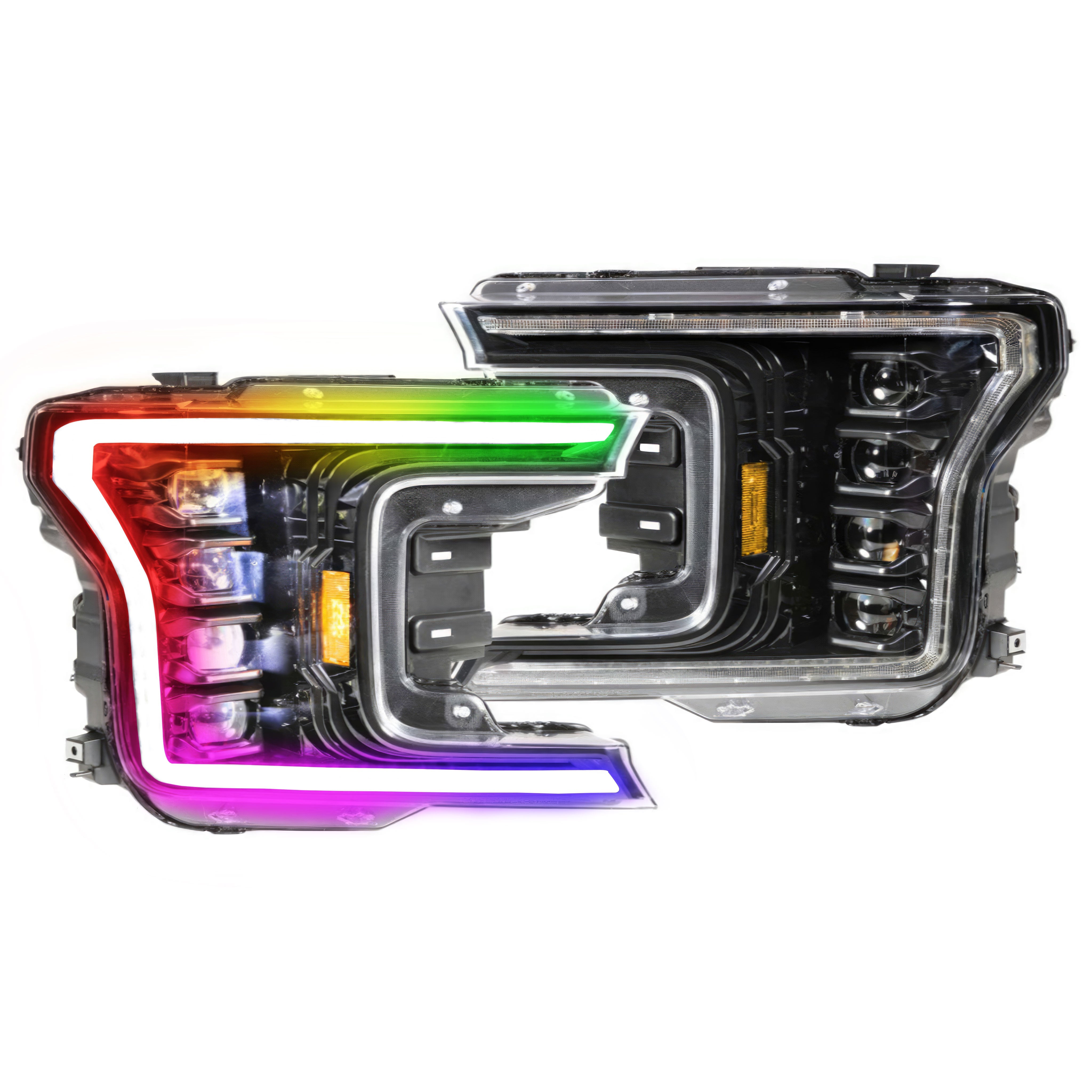 2016-2021 Ford Raptor: Multicolor Prebuilt XB Headlights - RGB Halo Kits Multicolor Flow Series Color Chasing RGBWA LED headlight kit Oracle Lighting Trendz OneUpLighting Morimoto theretrofitsource AutoLEDTech Diode Dynamics