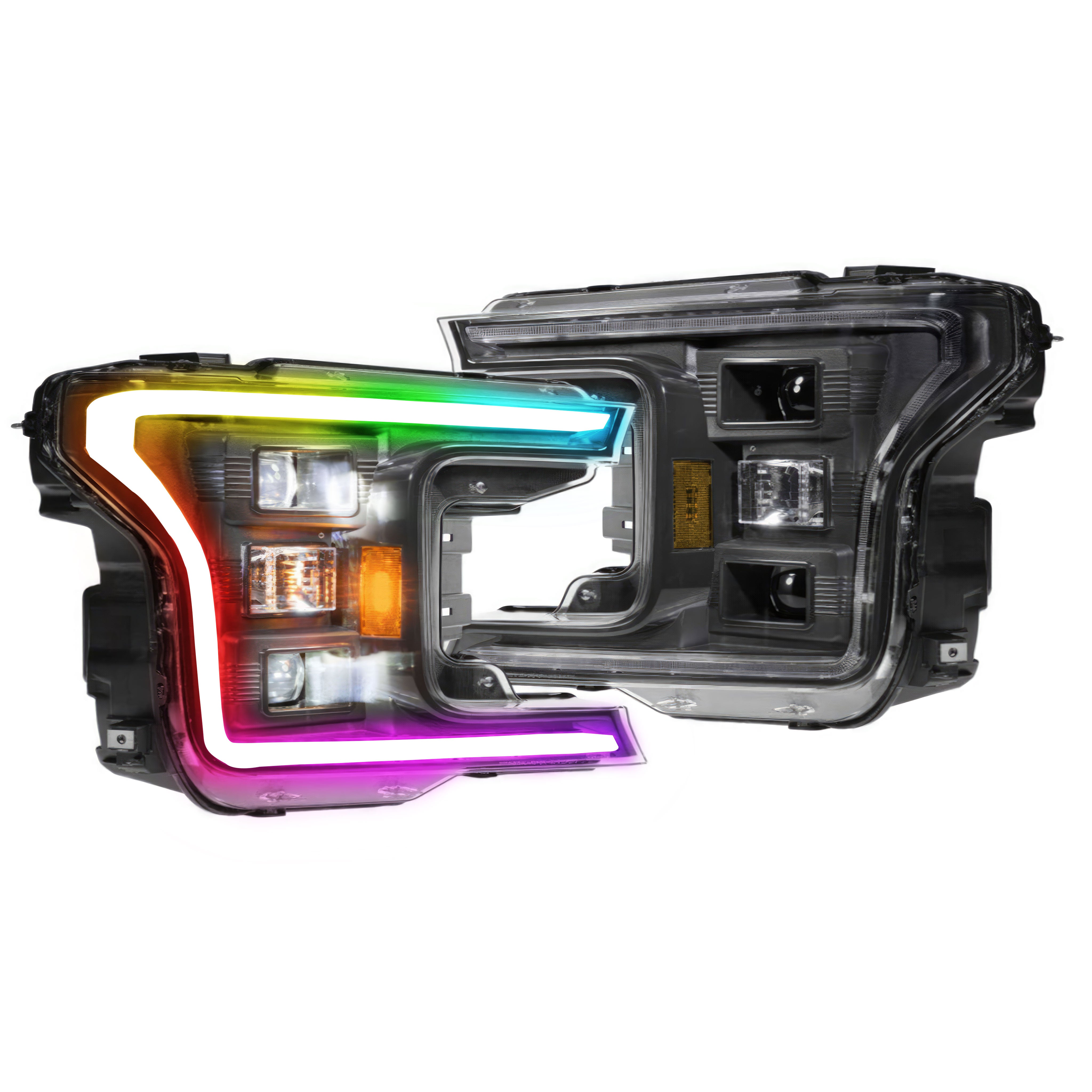 2018-2020 Ford F-150: Multicolor Prebuilt XB Hybrid Headlights - RGB Halo Kits Multicolor Flow Series Color Chasing RGBWA LED headlight kit Oracle Lighting Trendz OneUpLighting Morimoto theretrofitsource AutoLEDTech Diode Dynamics