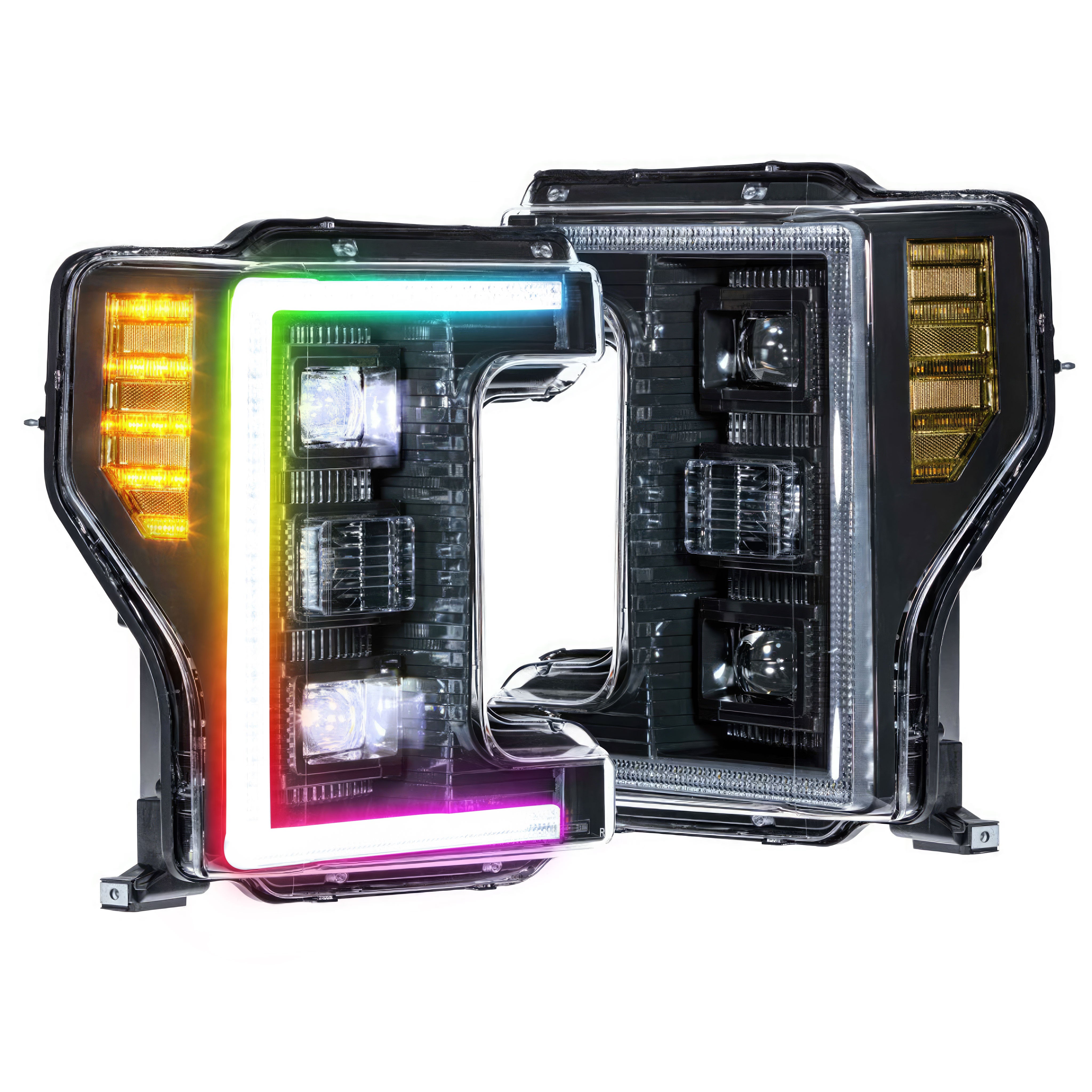 2017-2019 Ford Super Duty: Multicolor Prebuilt XB Hybrid Headlights - RGB Halo Kits Multicolor Flow Series Color Chasing RGBWA LED headlight kit Oracle Lighting Trendz OneUpLighting Morimoto theretrofitsource AutoLEDTech Diode Dynamics