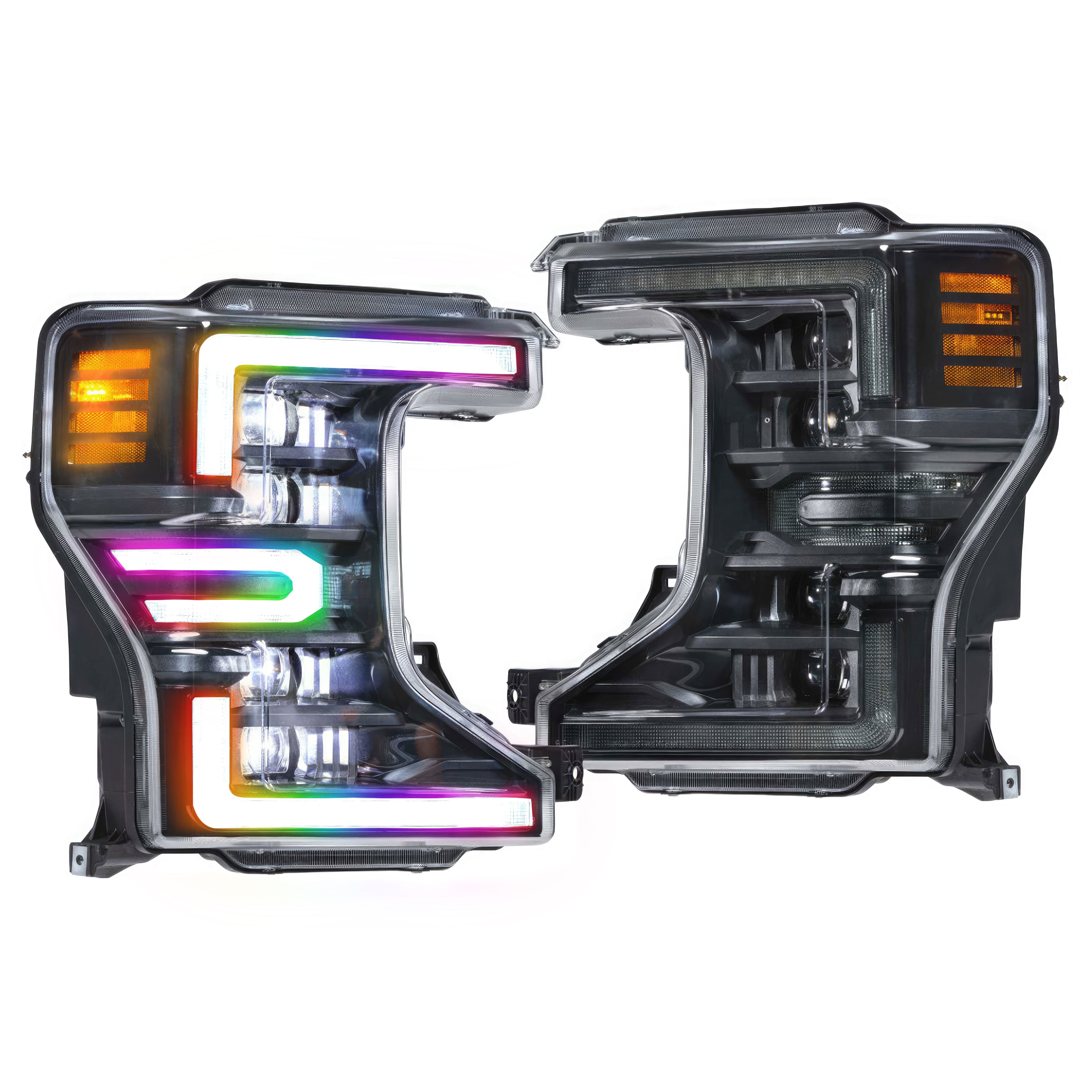 2020-2022 Ford Super Duty: Multicolor Prebuilt XB Headlights - RGB Halo Kits Multicolor Flow Series Color Chasing RGBWA LED headlight kit Oracle Lighting Trendz OneUpLighting Morimoto theretrofitsource AutoLEDTech Diode Dynamics