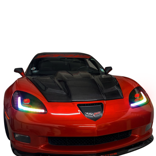 2005-2013 Chevrolet Corvette: Multicolor Built Morimoto XB Headlights - RGB Halo Kits Multicolor Flow Series Color Chasing RGBWA LED headlight kit Colorshift Oracle Lighting Trendz OneUpLighting Morimoto theretrofitsource AutoLEDTech Diode Dynamics