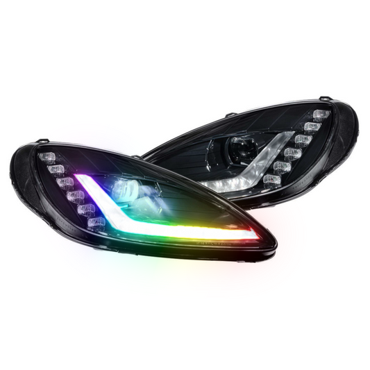 2005-2013 Chevrolet Corvette: Multicolor Built Morimoto XB Headlights - RGB Halo Kits Multicolor Flow Series Color Chasing RGBWA LED headlight kit Colorshift Oracle Lighting Trendz OneUpLighting Morimoto theretrofitsource AutoLEDTech Diode Dynamics