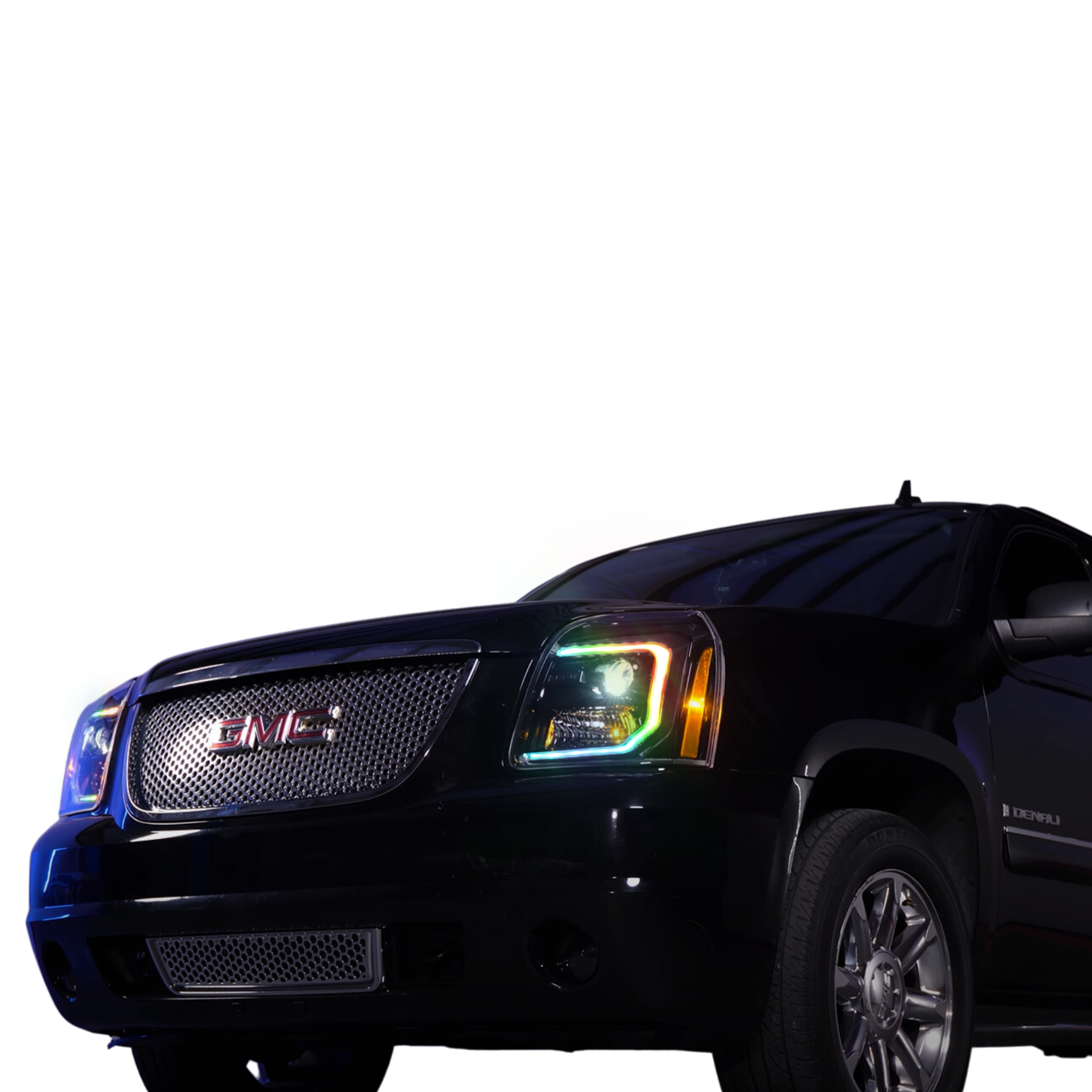 2007-2014 GMC Yukon: Multicolor Built Morimoto XB Hybrid Headlights - RGB Halo Kits Multicolor Flow Series Color Chasing RGBWA LED headlight kit Colorshift Oracle Lighting Trendz OneUpLighting Morimoto theretrofitsource AutoLEDTech Diode Dynamics