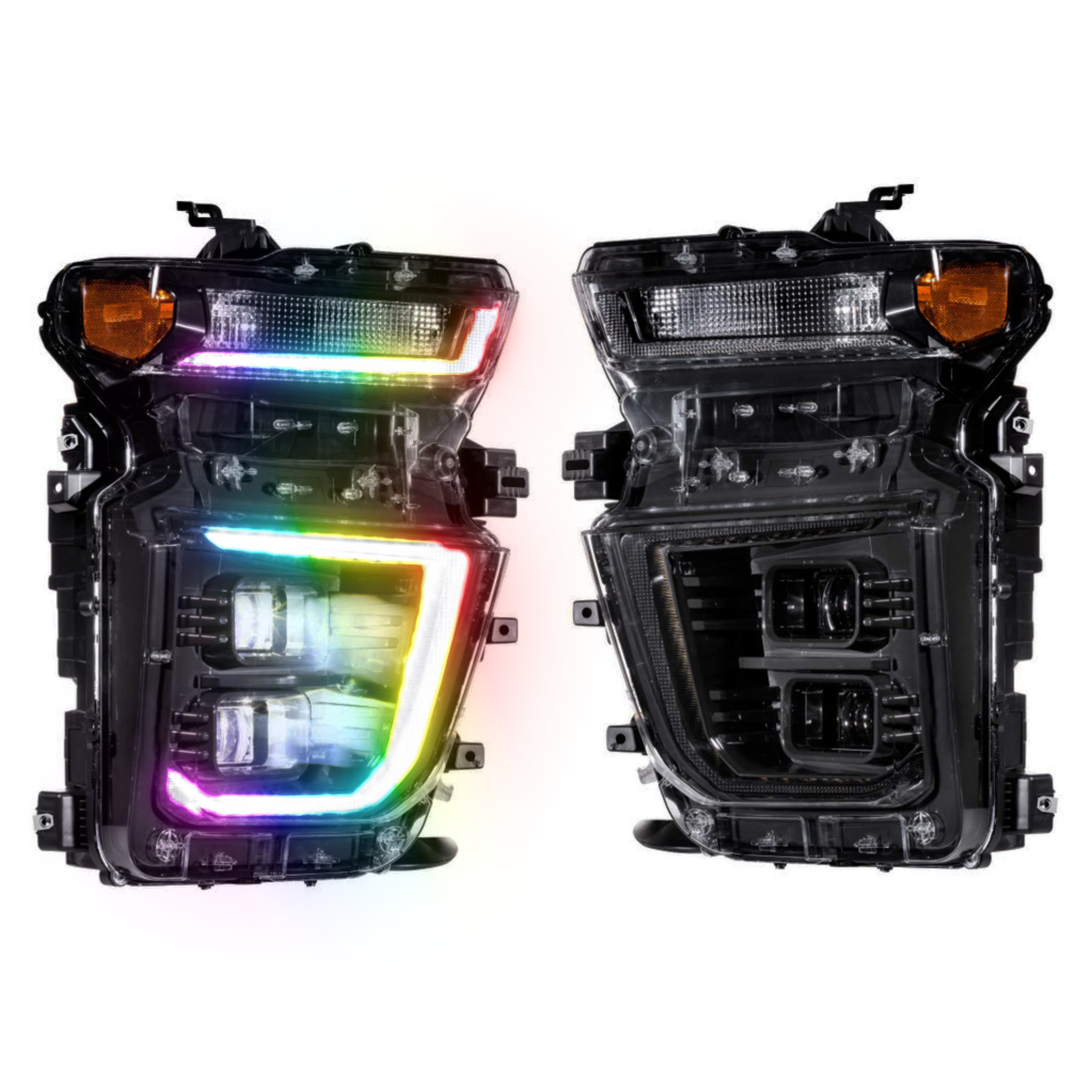 2020-2023 Chevrolet Silverado HD: Multicolor Prebuilt XB Hybrid Headlights - RGB Halo Kits Multicolor Flow Series Color Chasing RGBWA LED headlight kit Oracle Lighting Trendz OneUpLighting Morimoto theretrofitsource AutoLEDTech Diode Dynamics