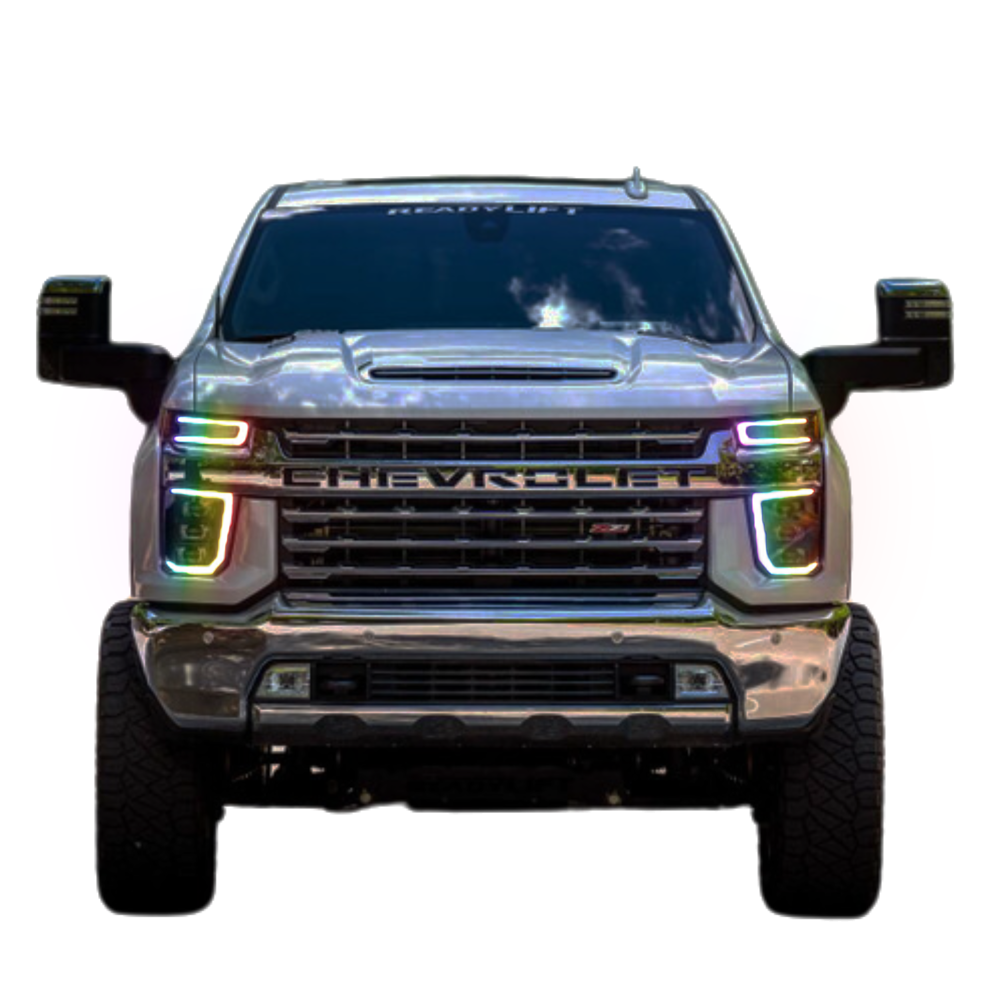 2020-2023 Chevrolet Silverado HD: Multicolor Prebuilt XB Headlights - RGB Halo Kits Multicolor Flow Series Color Chasing RGBWA LED headlight kit Oracle Lighting Trendz OneUpLighting Morimoto theretrofitsource AutoLEDTech Diode Dynamics