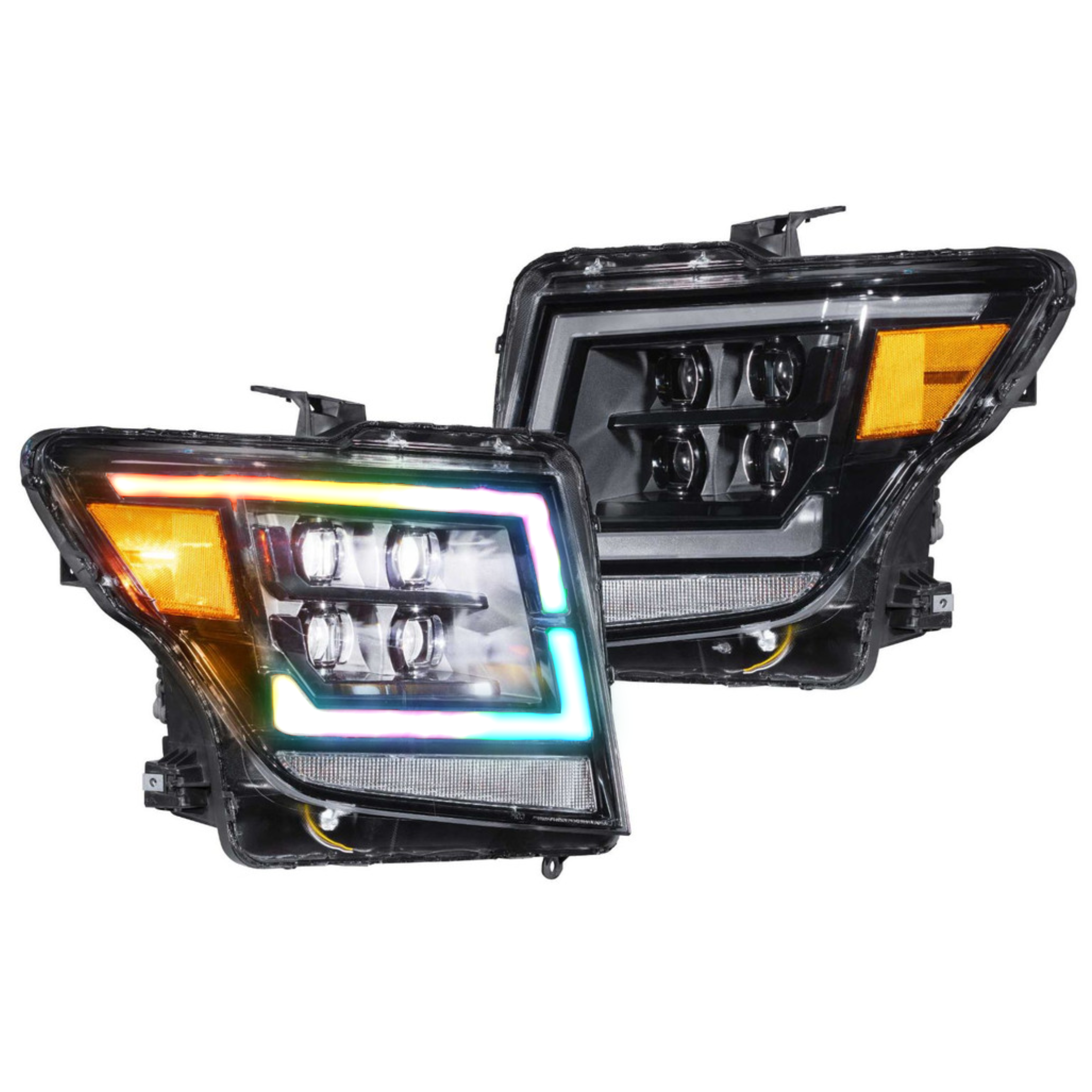 2016-2022 NISSAN Titan:Multicolor Prebuilt XB Headlights - RGB Halo Kits Multicolor Flow Series Color Chasing RGBWA LED headlight kit Oracle Lighting Trendz OneUpLighting Morimoto theretrofitsource AutoLEDTech Diode Dynamics