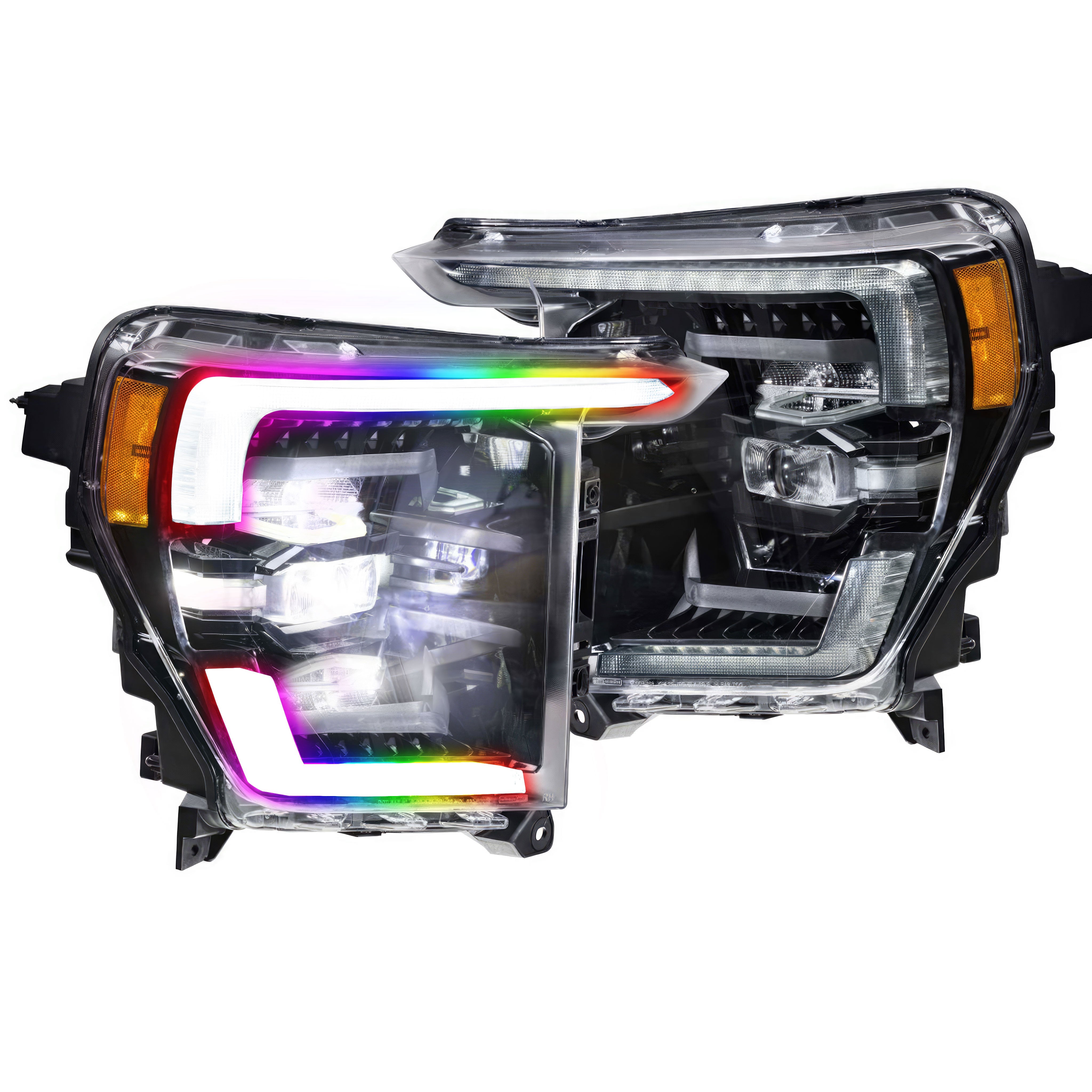 2021-2023 Ford F-150: Multicolor Prebuilt XB Headlights - RGB Halo Kits Multicolor Flow Series Color Chasing RGBWA LED headlight kit Colorshift Oracle Lighting Trendz OneUpLighting Morimoto theretrofitsource AutoLEDTech Diode Dynamics