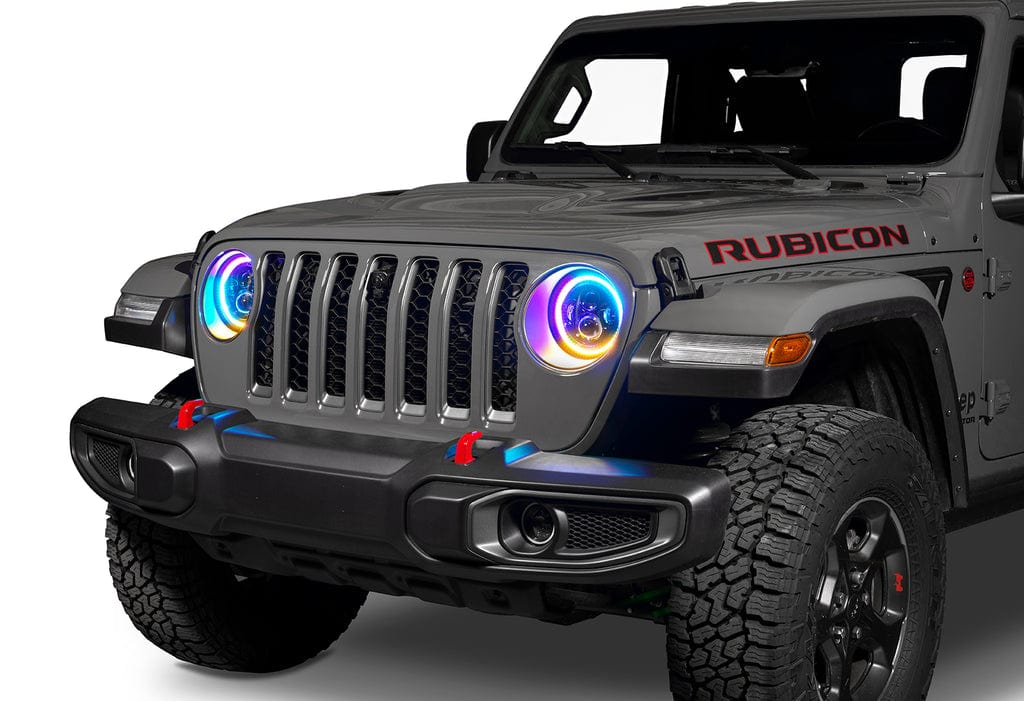 JEEP JL/JT - 7" HIGH POWERED LED HEADLIGHTS (PAIR) - BLACK BEZEL - RGB Halo Kits Multicolor Flow Series Color Chasing RGBWA LED headlight kit Oracle Lighting Trendz OneUpLighting Morimoto theretrofitsource AutoLEDTech Diode Dynamics