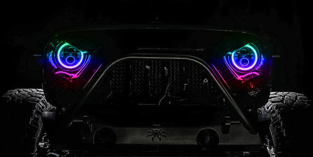 JEEP WRANGLER JK - 7" HIGH POWERED LED HEADLIGHTS (PAIR) - BLACK BEZEL - RGB Halo Kits Multicolor Flow Series Color Chasing RGBWA LED headlight kit Oracle Lighting Trendz OneUpLighting Morimoto theretrofitsource AutoLEDTech Diode Dynamics