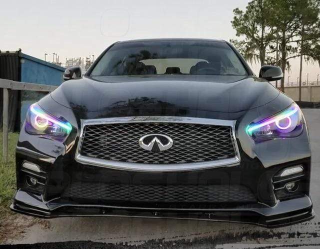 2014-2022 Infiniti Q50 Prebuilt Headlights - RGB Halo Kits Multicolor Flow Series Color Chasing RGBWA LED headlight kit Oracle Lighting Trendz OneUpLighting Morimoto theretrofitsource AutoLEDTech Diode Dynamics