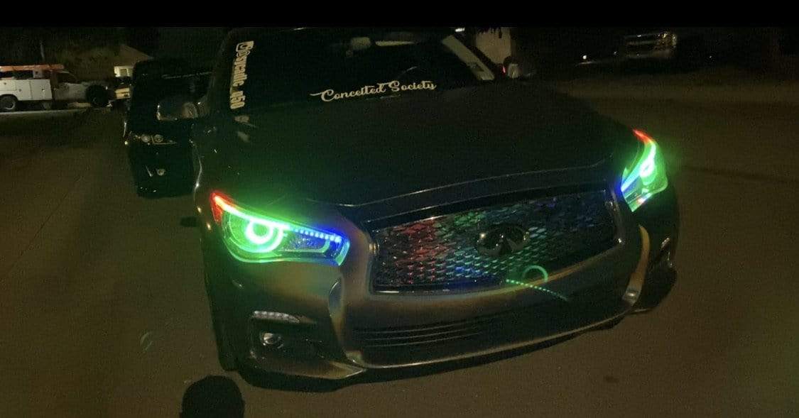 2014-2022 Infiniti Q50 Prebuilt Headlights - RGB Halo Kits Multicolor Flow Series Color Chasing RGBWA LED headlight kit Oracle Lighting Trendz OneUpLighting Morimoto theretrofitsource AutoLEDTech Diode Dynamics