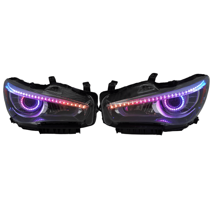 2014-2022 Infiniti Q50 Prebuilt Headlights - RGB Halo Kits Multicolor Flow Series Color Chasing RGBWA LED headlight kit Oracle Lighting Trendz OneUpLighting Morimoto theretrofitsource AutoLEDTech Diode Dynamics