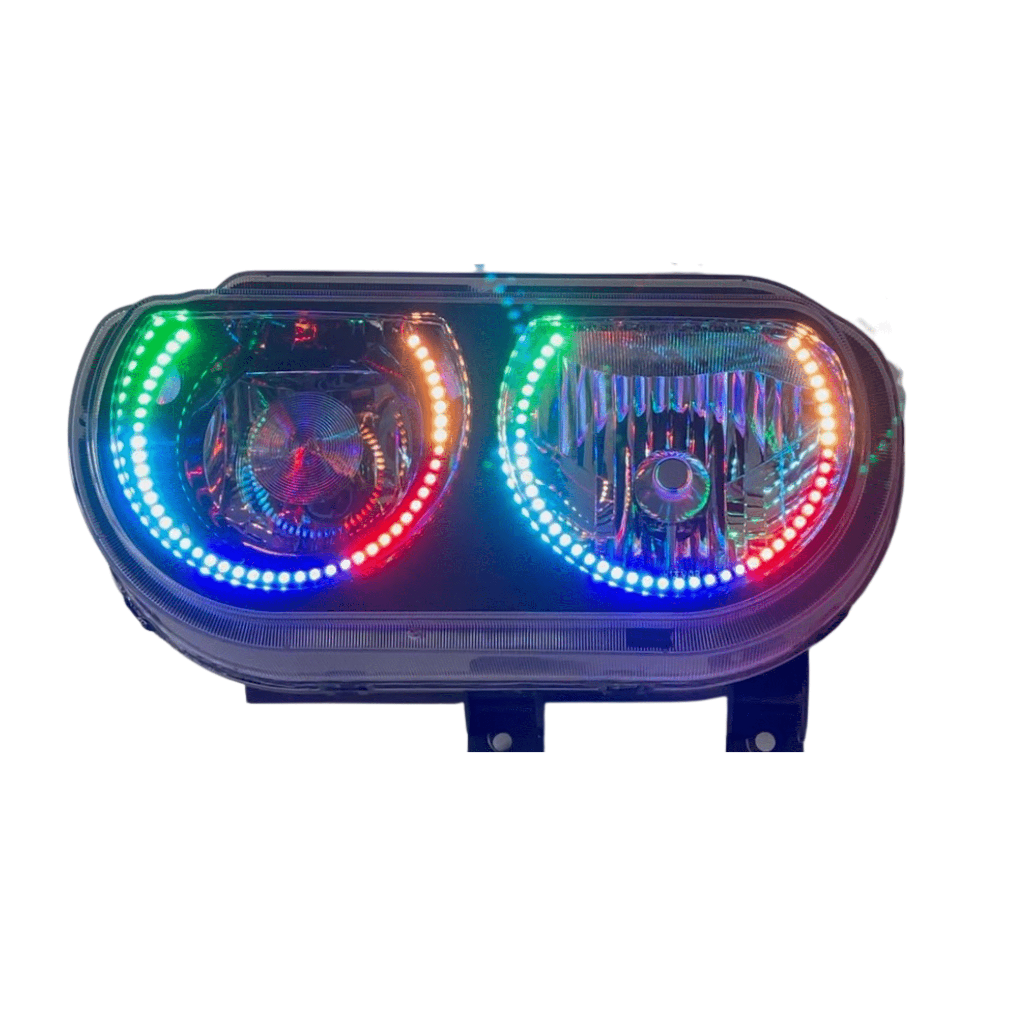 2008-2014 Dodge Challenger: Multicolor Built Headlights - RGB Halo Kits Multicolor Flow Series Color Chasing RGBWA LED headlight kit Colorshift Oracle Lighting Trendz OneUpLighting Morimoto theretrofitsource AutoLEDTech Diode Dynamics