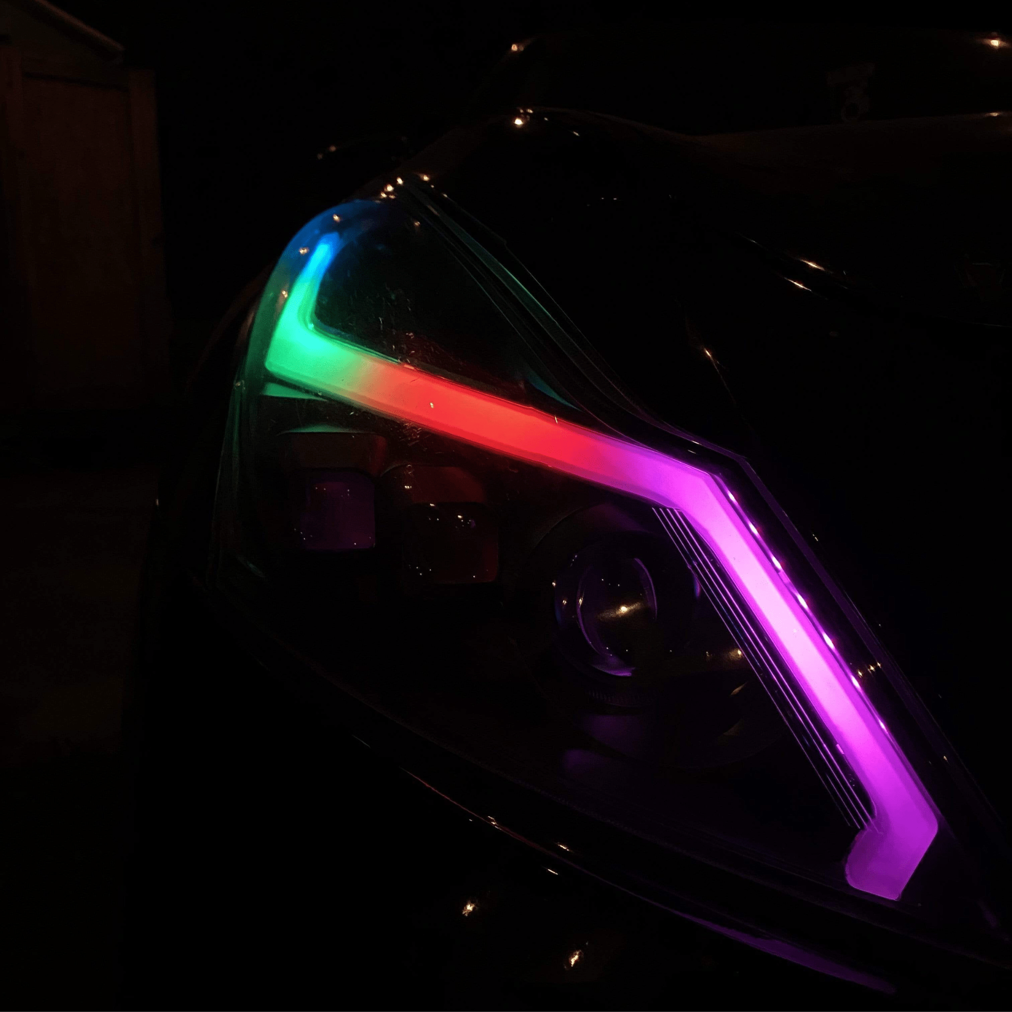 2010-2013 Infiniti G37: Multicolor Built Headlights - RGB Halo Kits Multicolor Flow Series Color Chasing RGBWA LED headlight kit Colorshift Oracle Lighting Trendz OneUpLighting Morimoto theretrofitsource AutoLEDTech Diode Dynamics