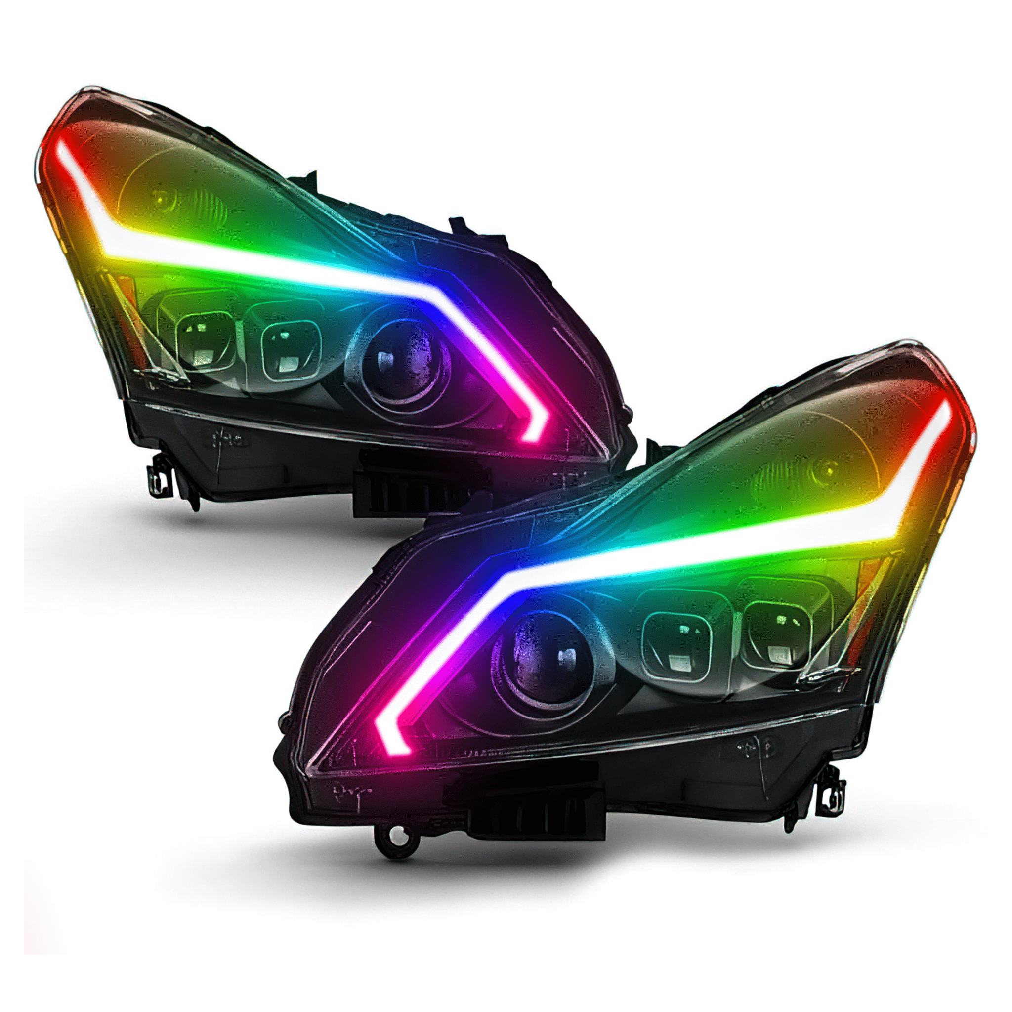 2010-2013 Infiniti G37: Multicolor Built Headlights - RGB Halo Kits Multicolor Flow Series Color Chasing RGBWA LED headlight kit Colorshift Oracle Lighting Trendz OneUpLighting Morimoto theretrofitsource AutoLEDTech Diode Dynamics