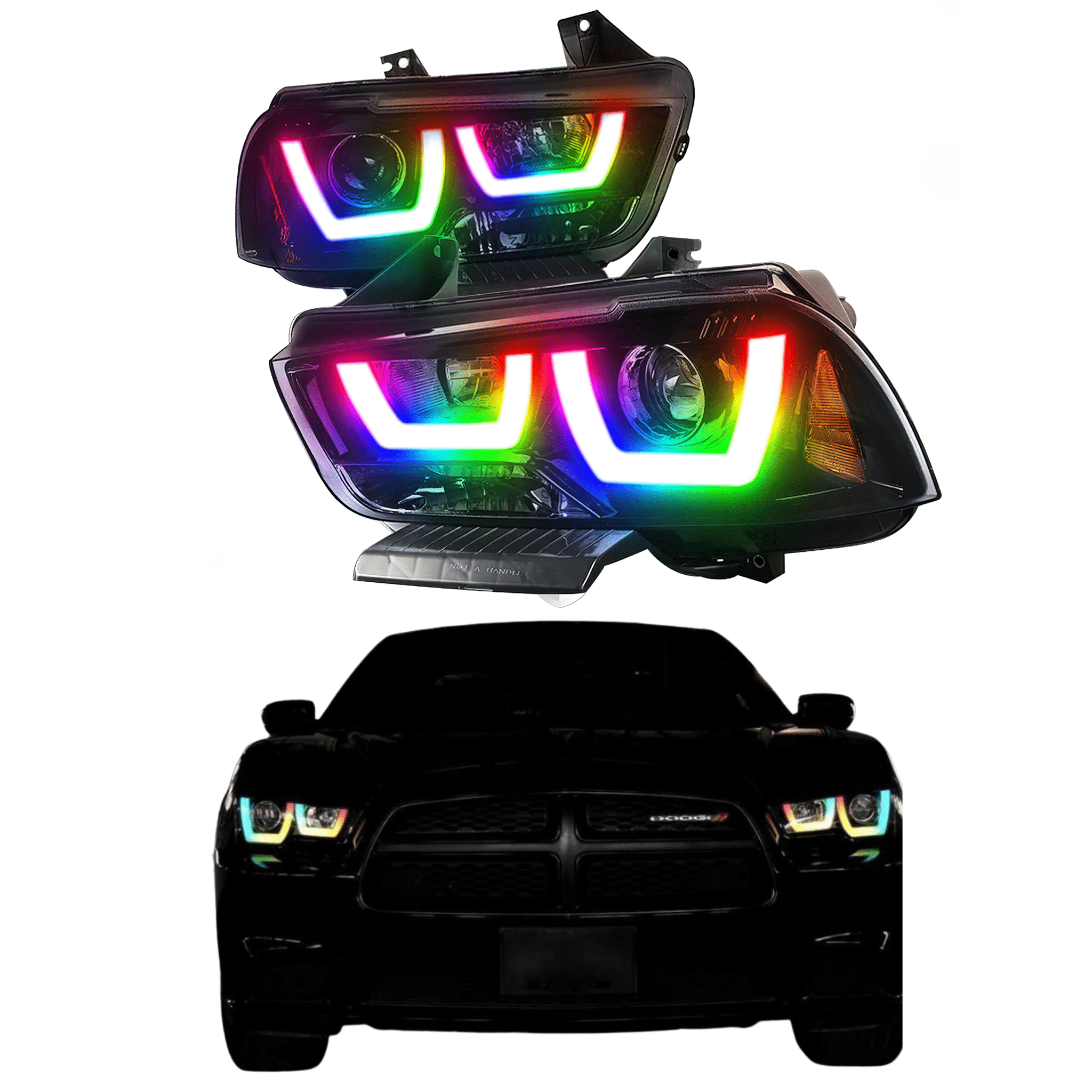 2011-2014 Dodge Charger Spec-D: Multicolor Built Headlights - RGB Halo Kits Multicolor Flow Series Color Chasing RGBWA LED headlight kit Colorshift Oracle Lighting Trendz OneUpLighting Morimoto theretrofitsource AutoLEDTech Diode Dynamics