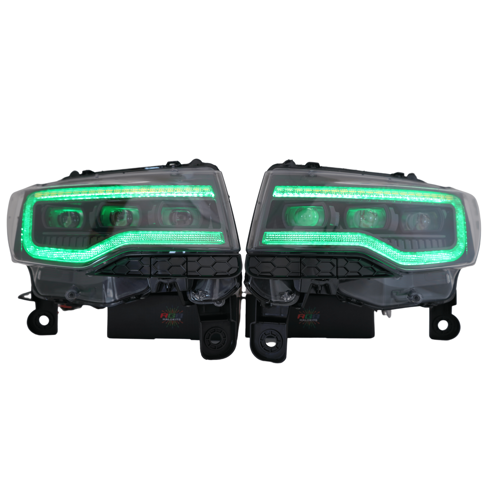 2014-2021 Jeep Grand Cherokee Multicolor Prebuilt XB Headlights - RGB Halo Kits Multicolor Flow Series Color Chasing RGBWA LED headlight kit Oracle Lighting Trendz OneUpLighting Morimoto theretrofitsource AutoLEDTech Diode Dynamics