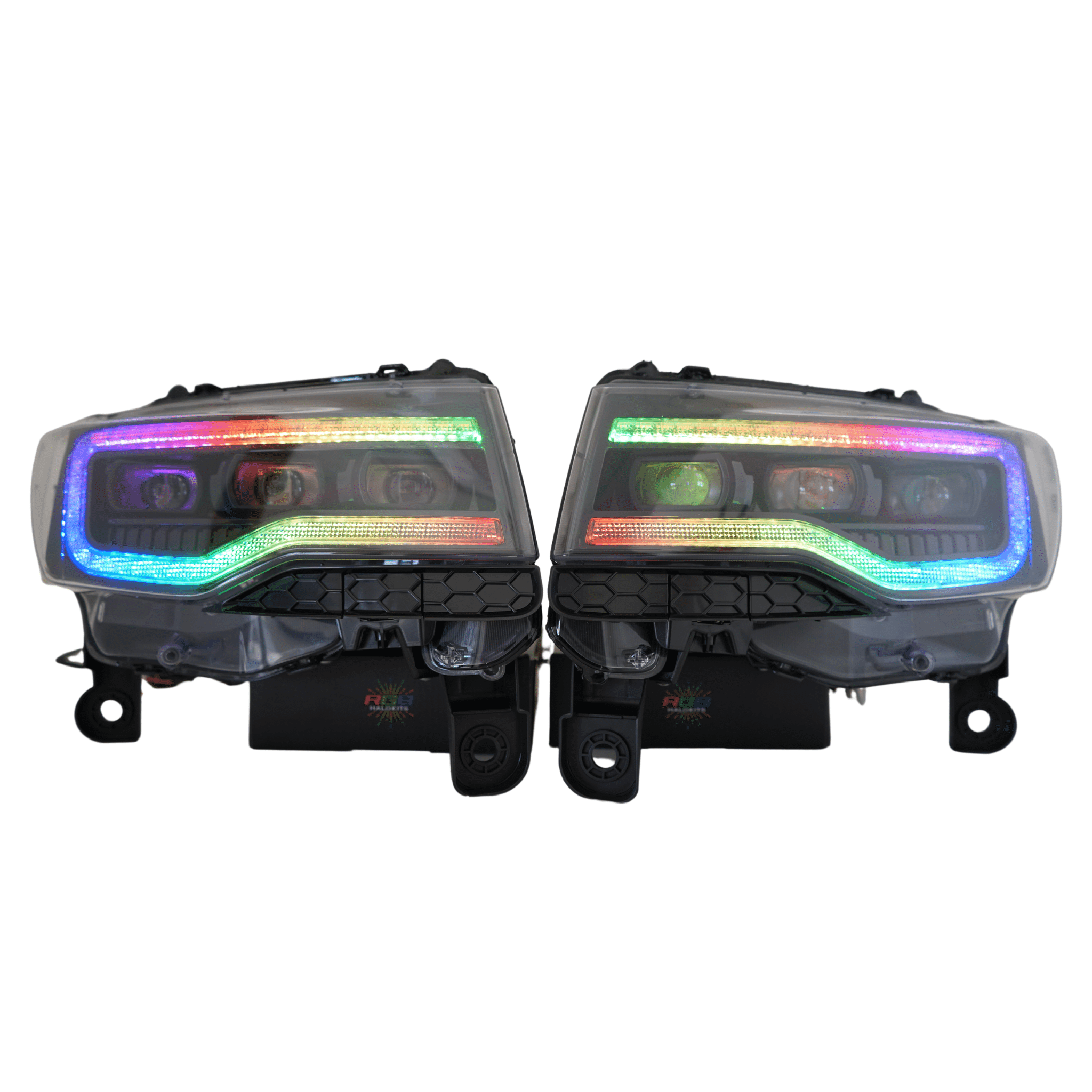 2014-2021 Jeep Grand Cherokee Multicolor Prebuilt XB Headlights - RGB Halo Kits Multicolor Flow Series Color Chasing RGBWA LED headlight kit Oracle Lighting Trendz OneUpLighting Morimoto theretrofitsource AutoLEDTech Diode Dynamics