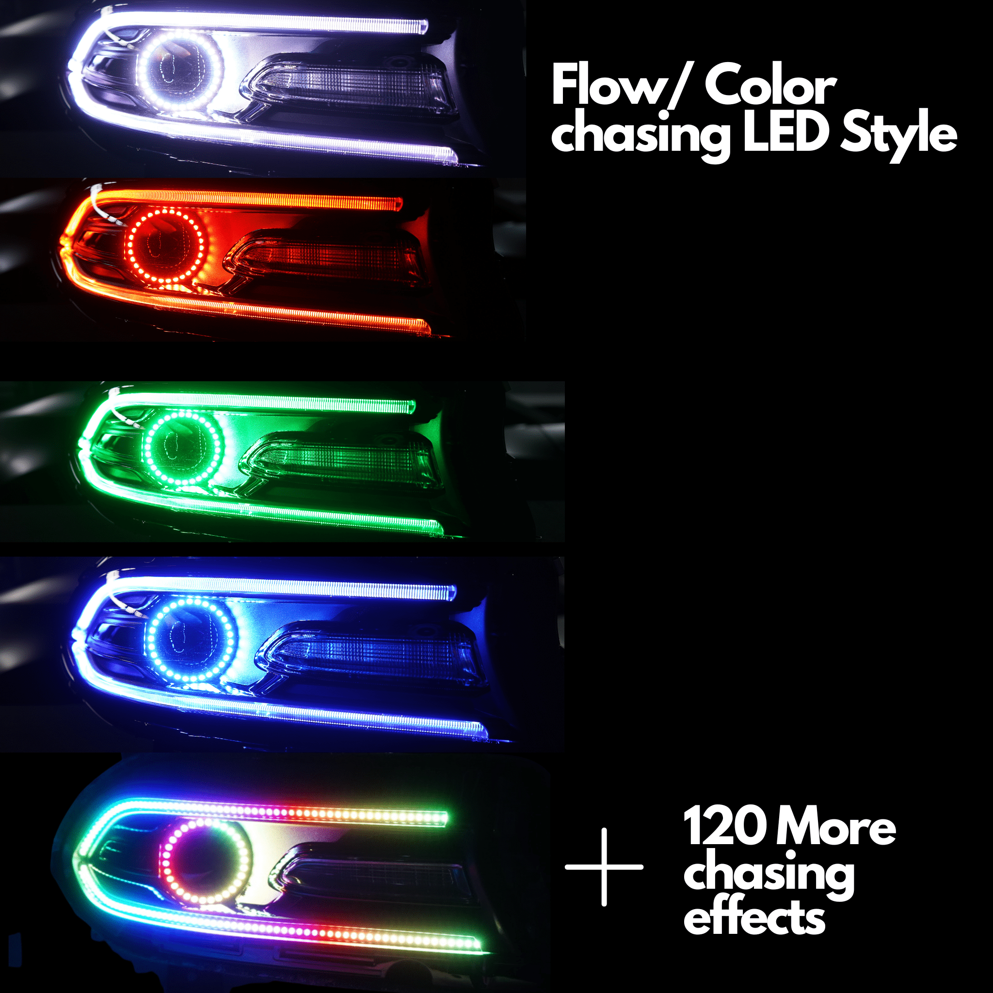 2015-2023 Dodge Charger Prebuilt Headlights - RGB Halo Kits Multicolor Flow Series Color Chasing RGBWA LED headlight kit Oracle Lighting Trendz OneUpLighting Morimoto theretrofitsource AutoLEDTech Diode Dynamics