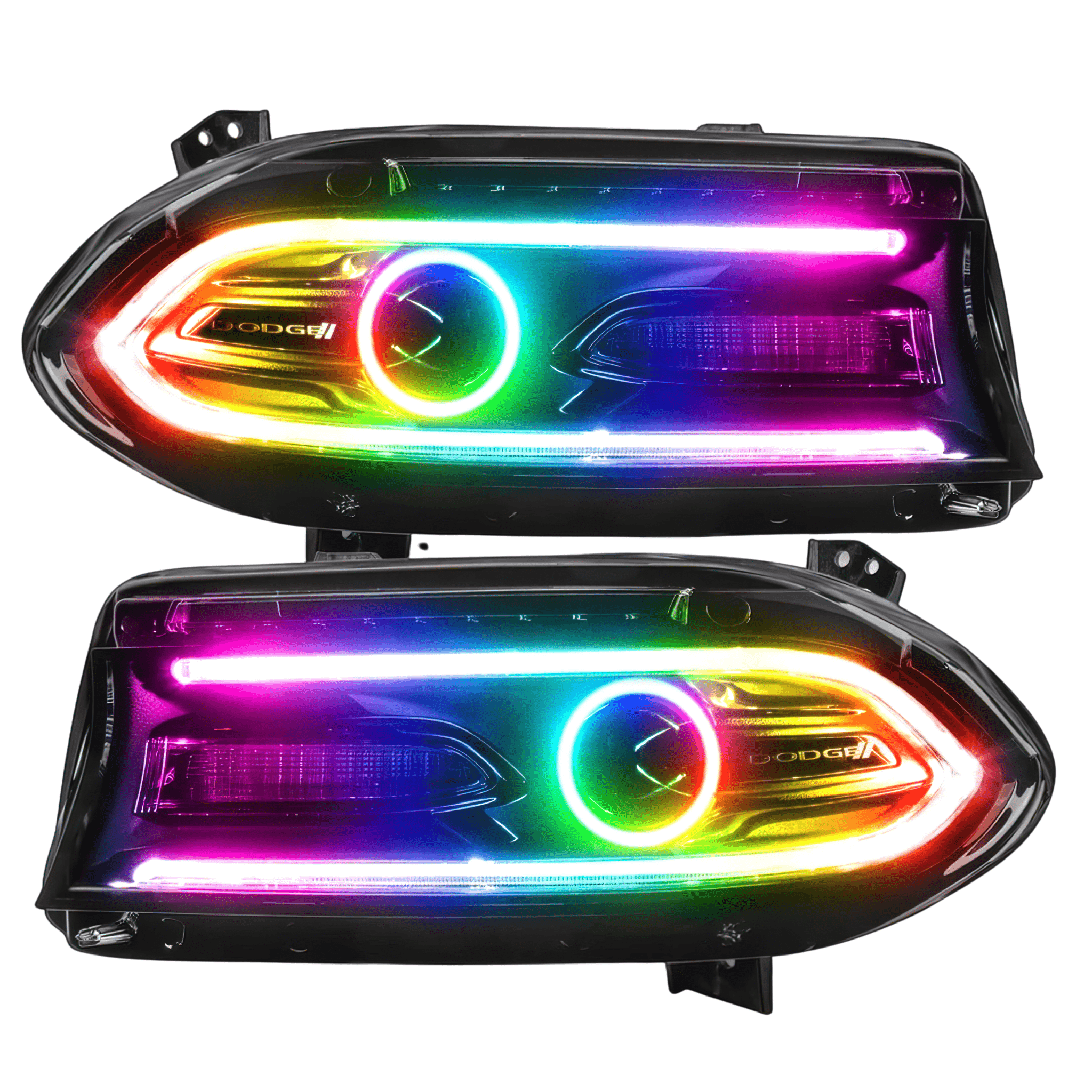 2015-2023 Dodge Charger Prebuilt Headlights - RGB Halo Kits Multicolor Flow Series Color Chasing RGBWA LED headlight kit Oracle Lighting Trendz OneUpLighting Morimoto theretrofitsource AutoLEDTech Diode Dynamics