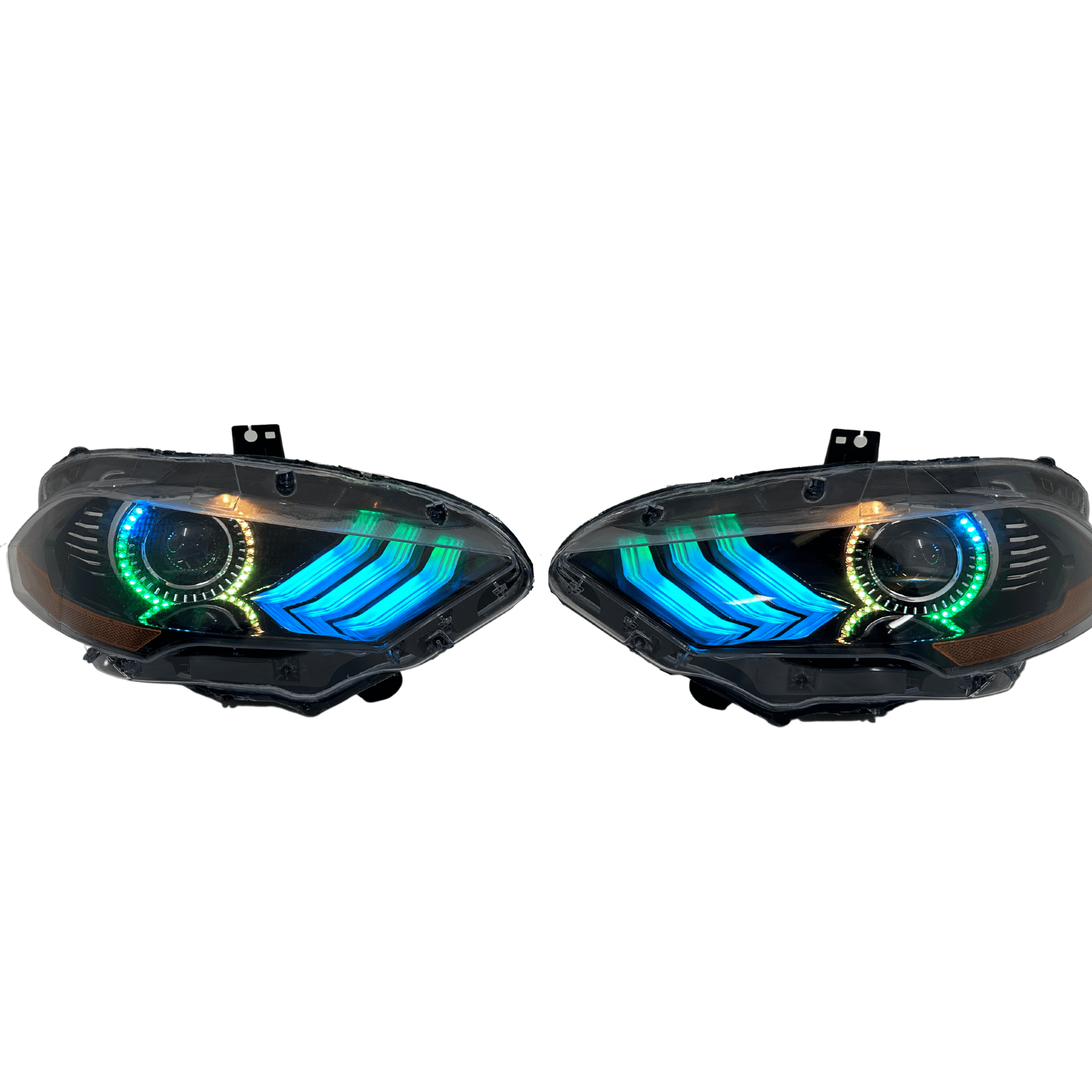 2018-2022 Ford Mustang Prebuilt Headlights - RGB Halo Kits Multicolor Flow Series Color Chasing RGBWA LED headlight kit Oracle Lighting Trendz OneUpLighting Morimoto theretrofitsource AutoLEDTech Diode Dynamics