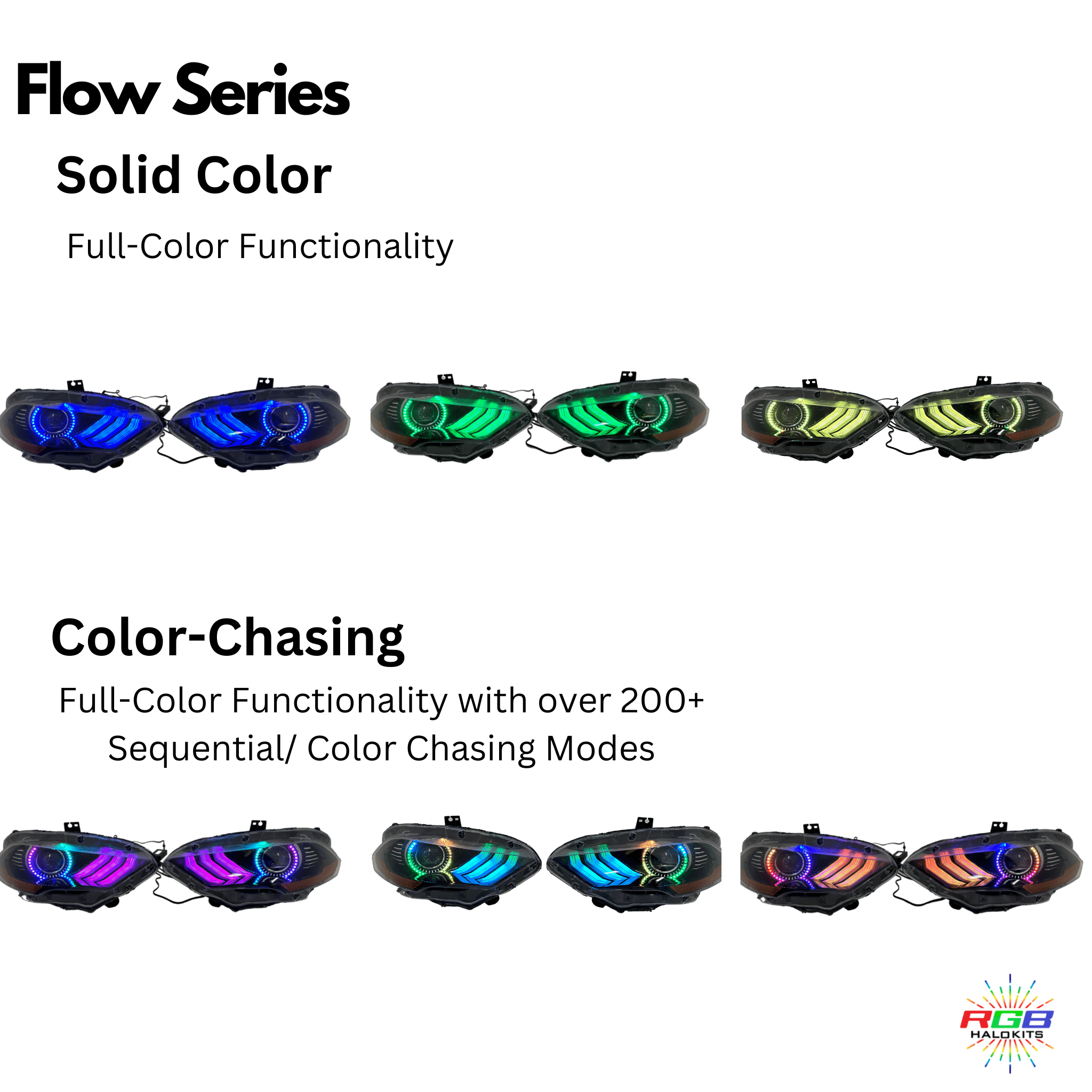 2018-2022 Ford Mustang Prebuilt Headlights - RGB Halo Kits Multicolor Flow Series Color Chasing RGBWA LED headlight kit Oracle Lighting Trendz OneUpLighting Morimoto theretrofitsource AutoLEDTech Diode Dynamics