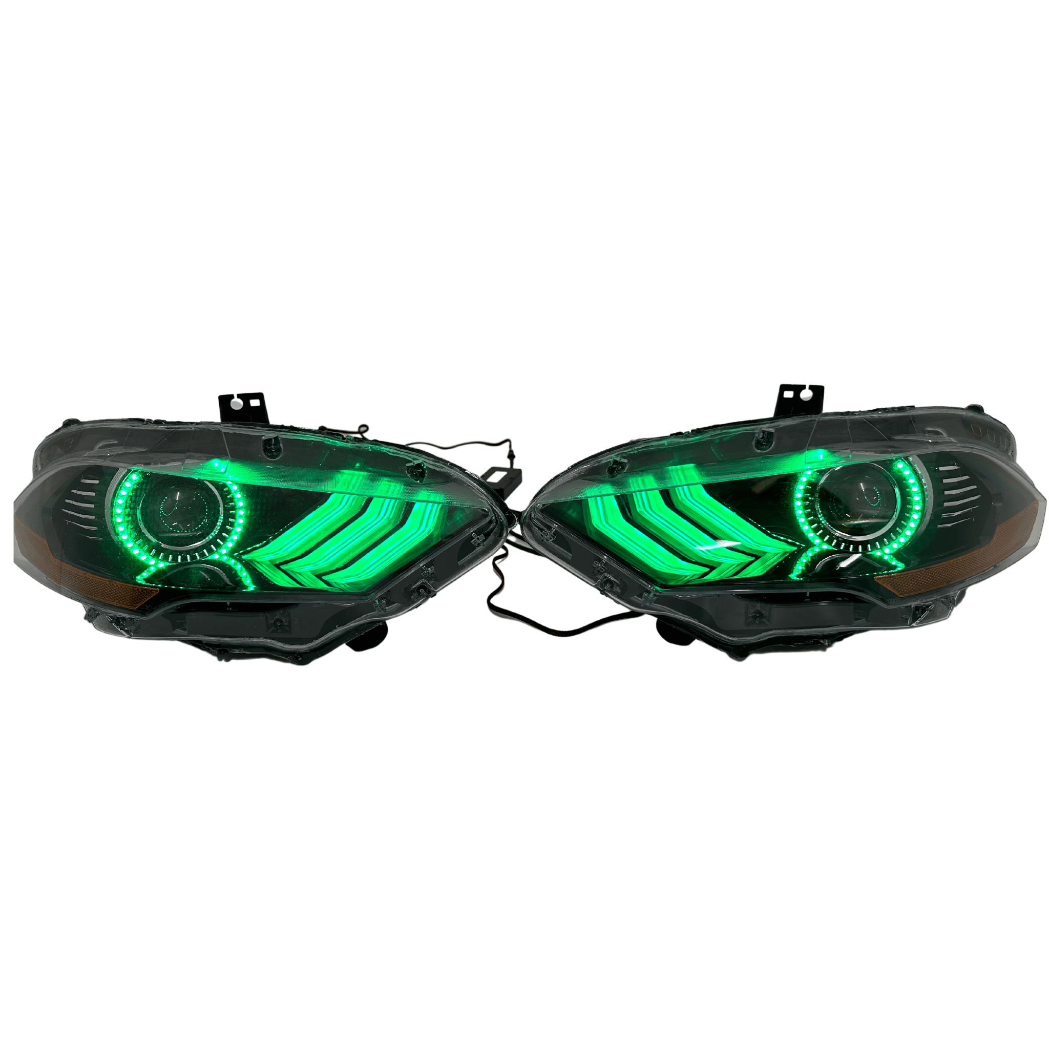 2018-2022 Ford Mustang Prebuilt Headlights - RGB Halo Kits Multicolor Flow Series Color Chasing RGBWA LED headlight kit Oracle Lighting Trendz OneUpLighting Morimoto theretrofitsource AutoLEDTech Diode Dynamics